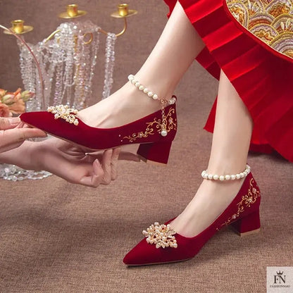 Pearl Embellishments Block Wedding Heels - Fashionnsio