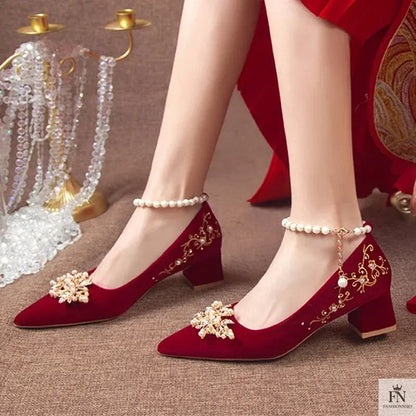 Pearl Embellishments Block Wedding Heels - Fashionnsio