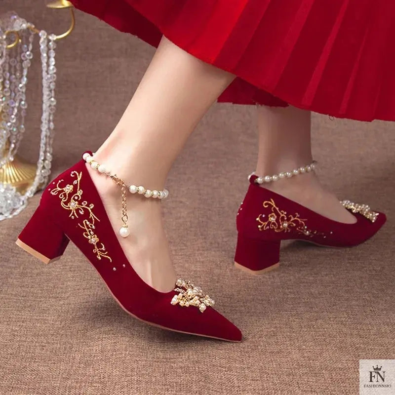 Pearl Embellishments Block Wedding Heels - Fashionnsio