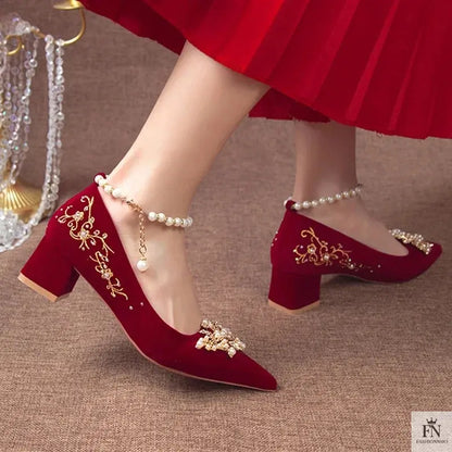 Pearl Embellishments Block Wedding Heels - Fashionnsio