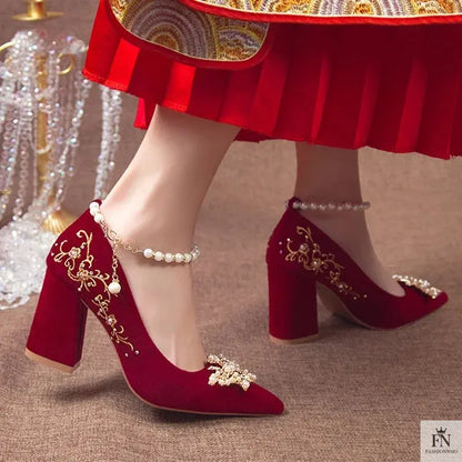 Pearl Embellishments Block Wedding Heels - Fashionnsio