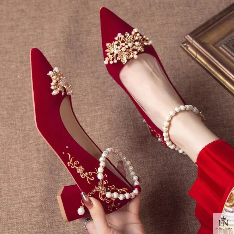 Pearl Embellishments Block Wedding Heels - Fashionnsio
