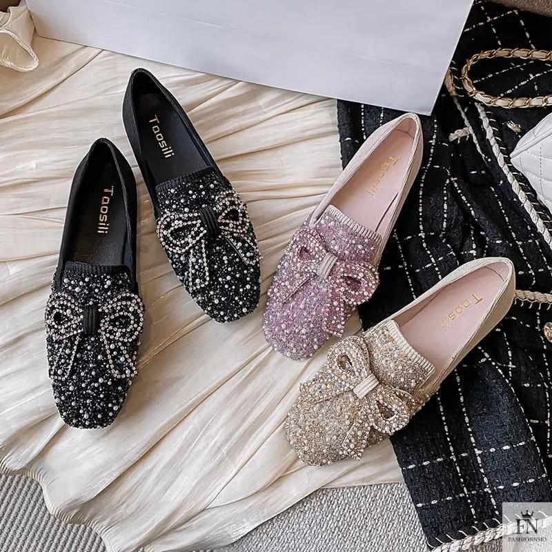 Pearl Embroidered Bow Flats - Fashionnsio