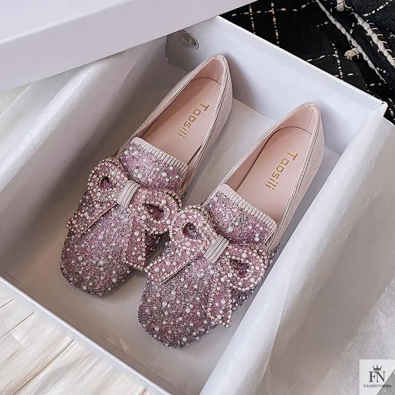 Pearl Embroidered Bow Flats - Fashionnsio