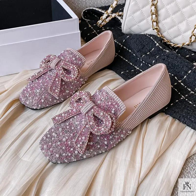 Pearl Embroidered Bow Flats - Fashionnsio