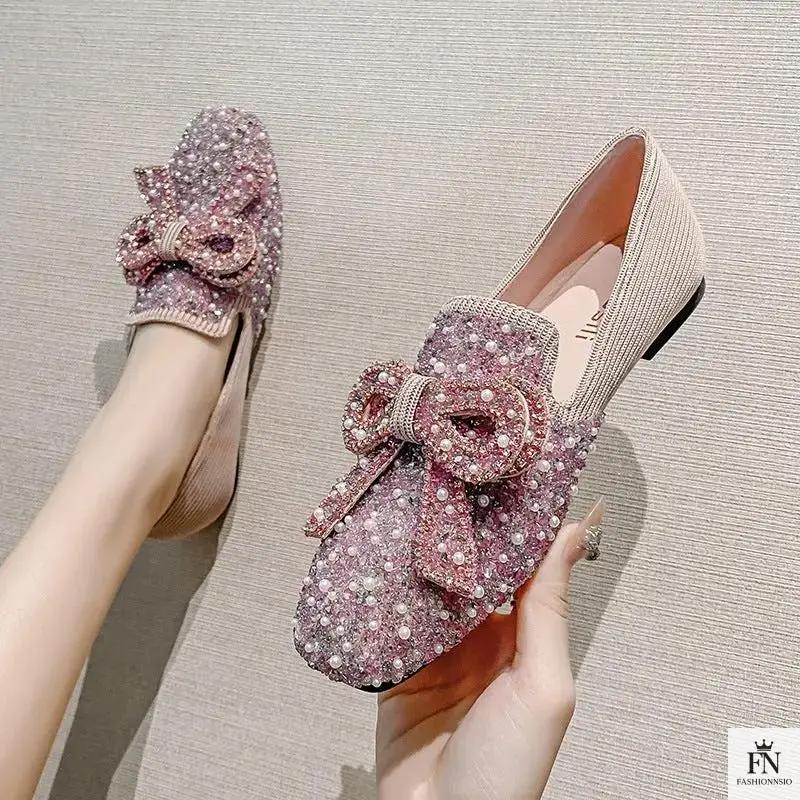 Pearl Embroidered Bow Flats - Fashionnsio