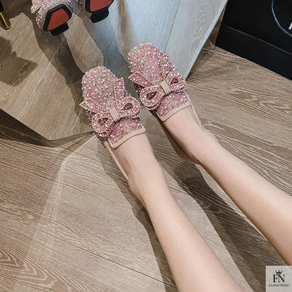 Pearl Embroidered Bow Flats - Fashionnsio