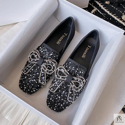 Pearl Embroidered Bow Flats - Fashionnsio