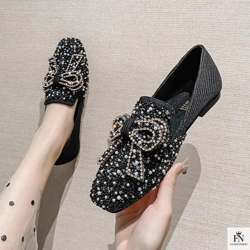 Pearl Embroidered Bow Flats - Fashionnsio