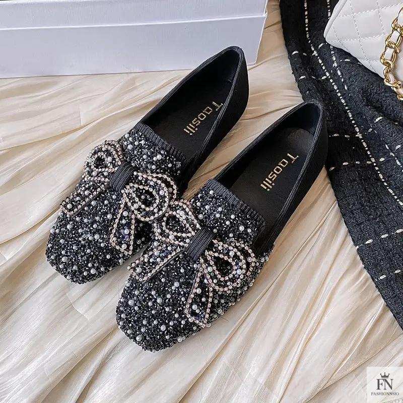 Pearl Embroidered Bow Flats - Fashionnsio