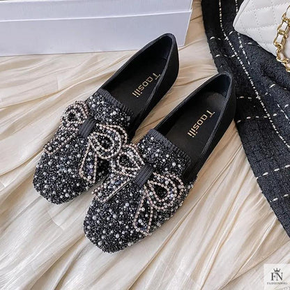 Pearl Embroidered Bow Flats - Fashionnsio