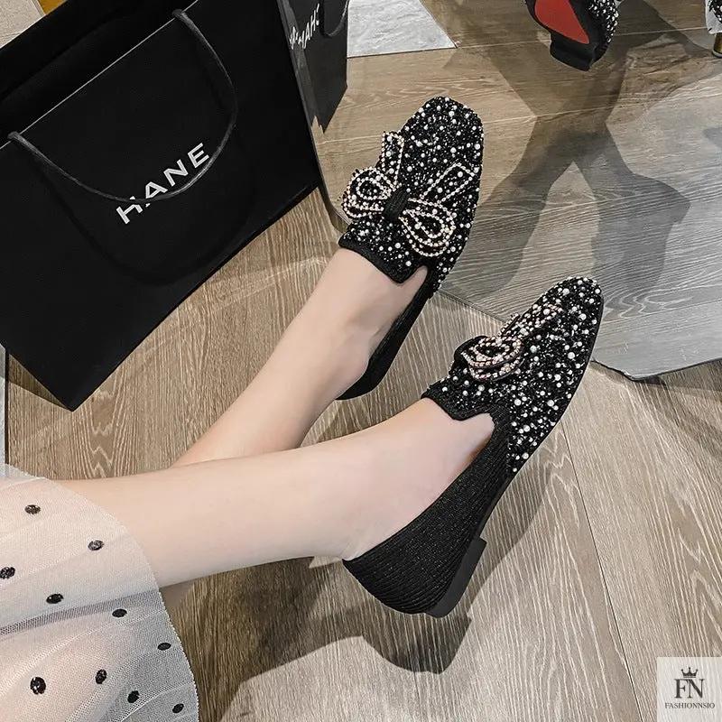 Pearl Embroidered Bow Flats - Fashionnsio