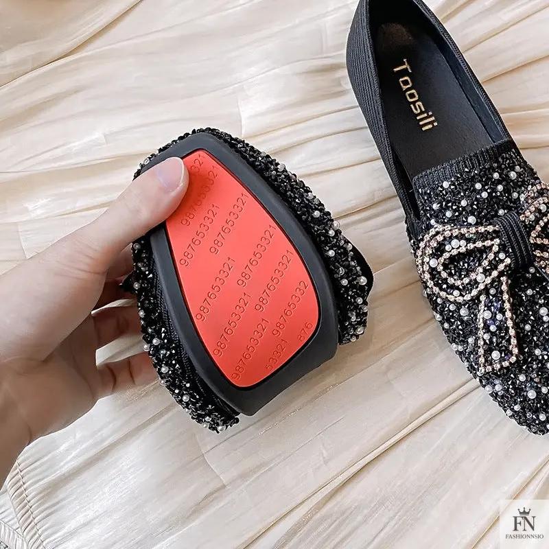 Pearl Embroidered Bow Flats - Fashionnsio