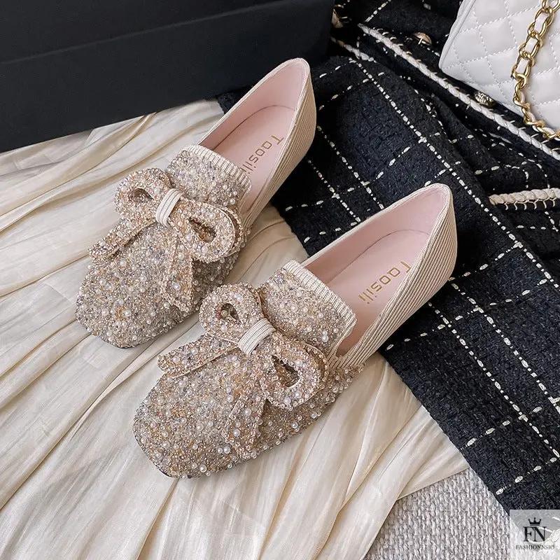 Pearl Embroidered Bow Flats - Fashionnsio
