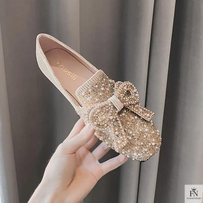 Pearl Embroidered Bow Flats - Fashionnsio