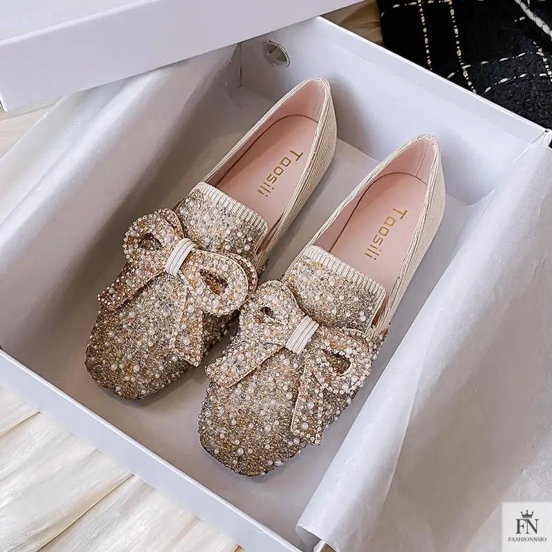 Pearl Embroidered Bow Flats - Fashionnsio