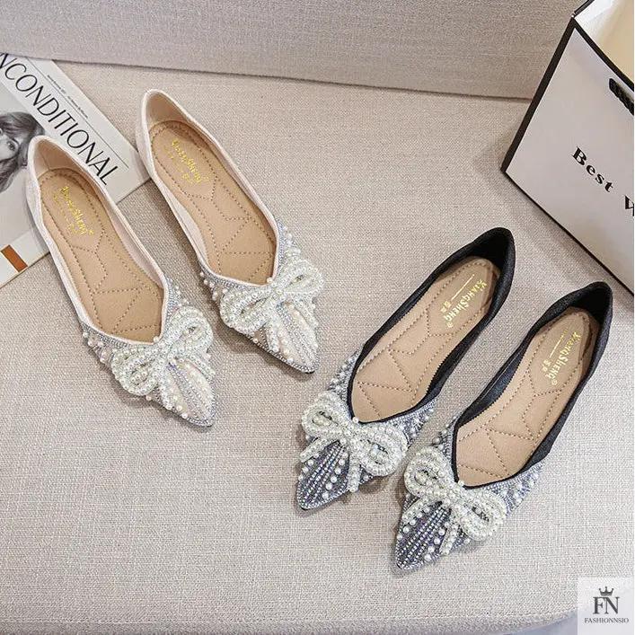 Pearl Rhinestone Bow Flats - Fashionnsio