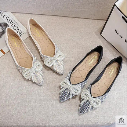 Pearl Rhinestone Bow Flats - Fashionnsio