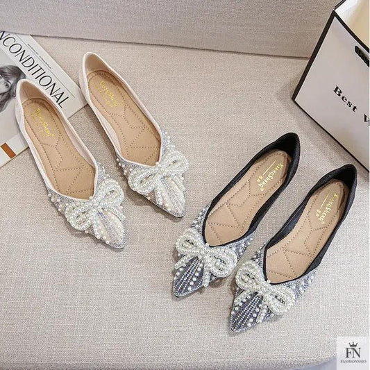Pearl Rhinestone Bow Flats - Fashionnsio