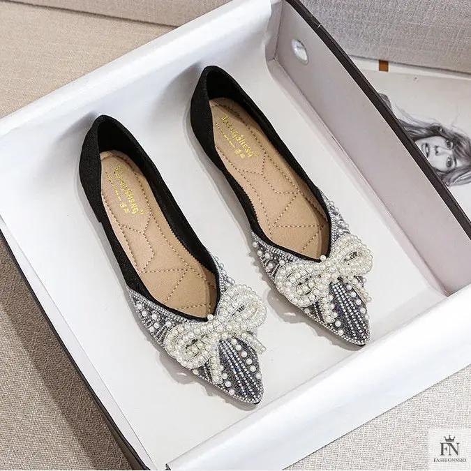 Pearl Rhinestone Bow Flats - Fashionnsio