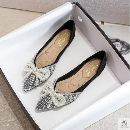Pearl Rhinestone Bow Flats - Fashionnsio