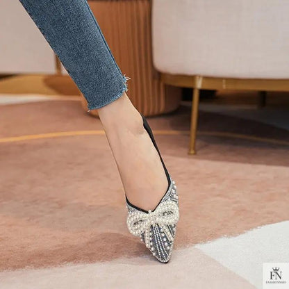 Pearl Rhinestone Bow Flats - Fashionnsio