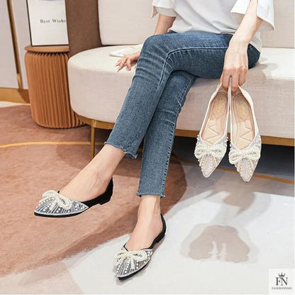 Pearl Rhinestone Bow Flats - Fashionnsio