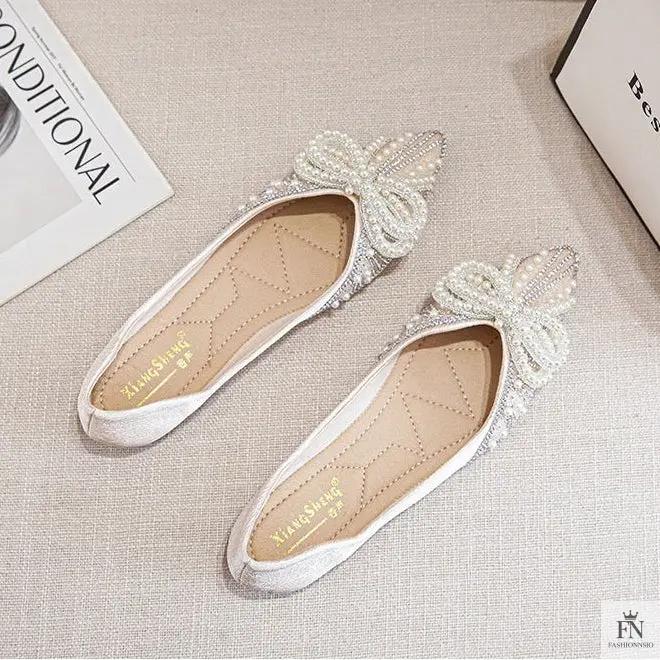 Pearl Rhinestone Bow Flats - Fashionnsio