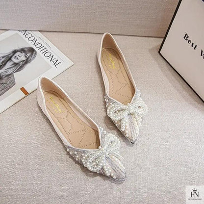Pearl Rhinestone Bow Flats - Fashionnsio