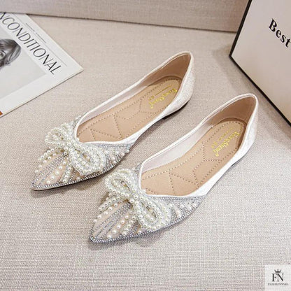 Pearl Rhinestone Bow Flats - Fashionnsio