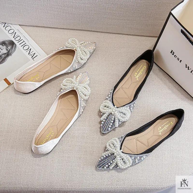 Pearl Rhinestone Bow Flats - Fashionnsio