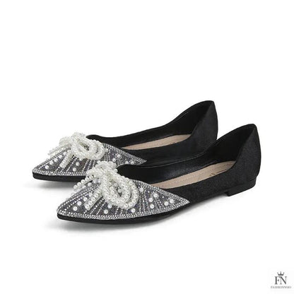 Pearl Rhinestone Bow Flats - Fashionnsio