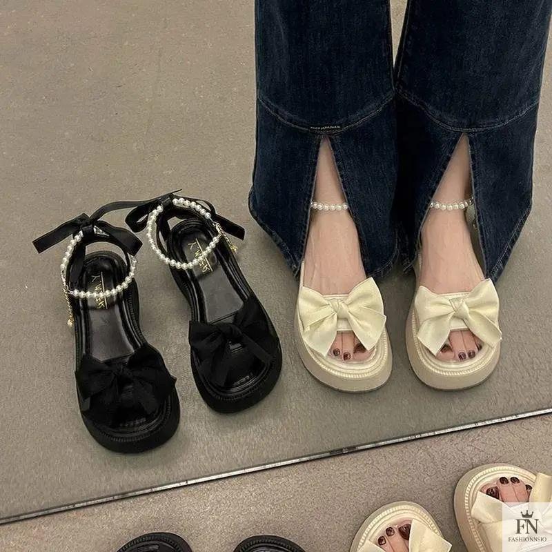 Pearl Strap Bow Flat Sandals - Fashionnsio
