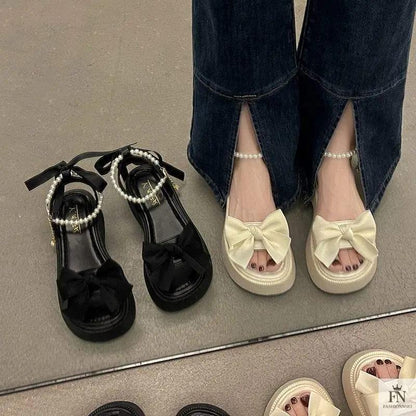 Pearl Strap Bow Flat Sandals - Fashionnsio