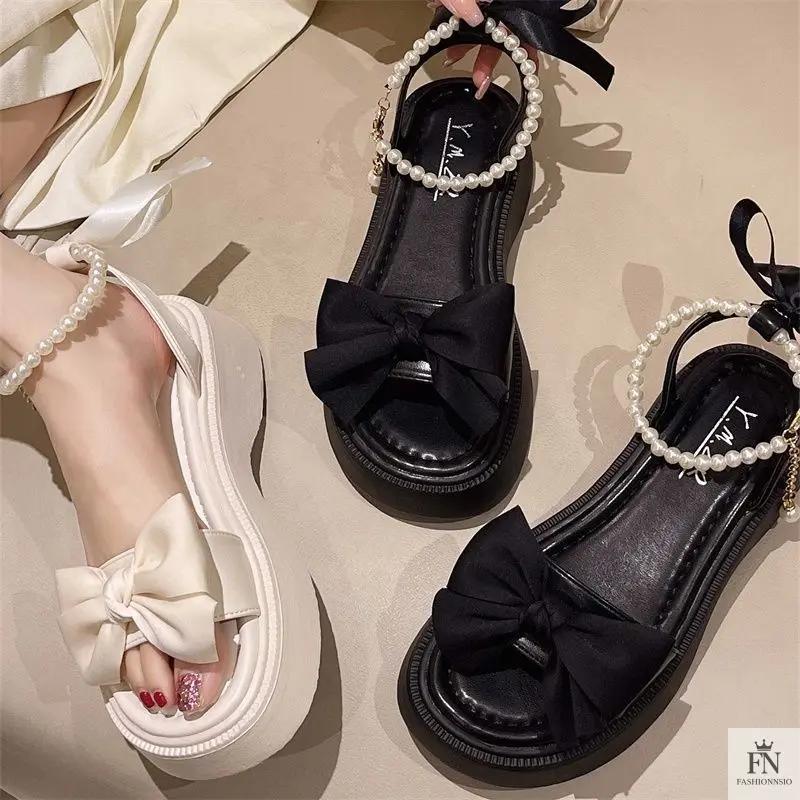 Pearl Strap Bow Flat Sandals - Fashionnsio