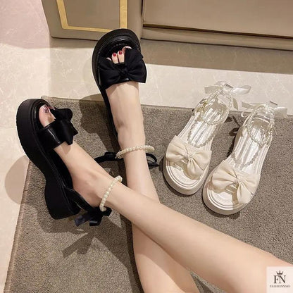 Pearl Strap Bow Flat Sandals - Fashionnsio