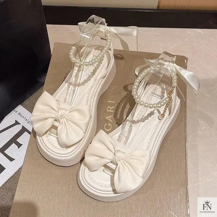 Pearl Strap Bow Flat Sandals - Fashionnsio