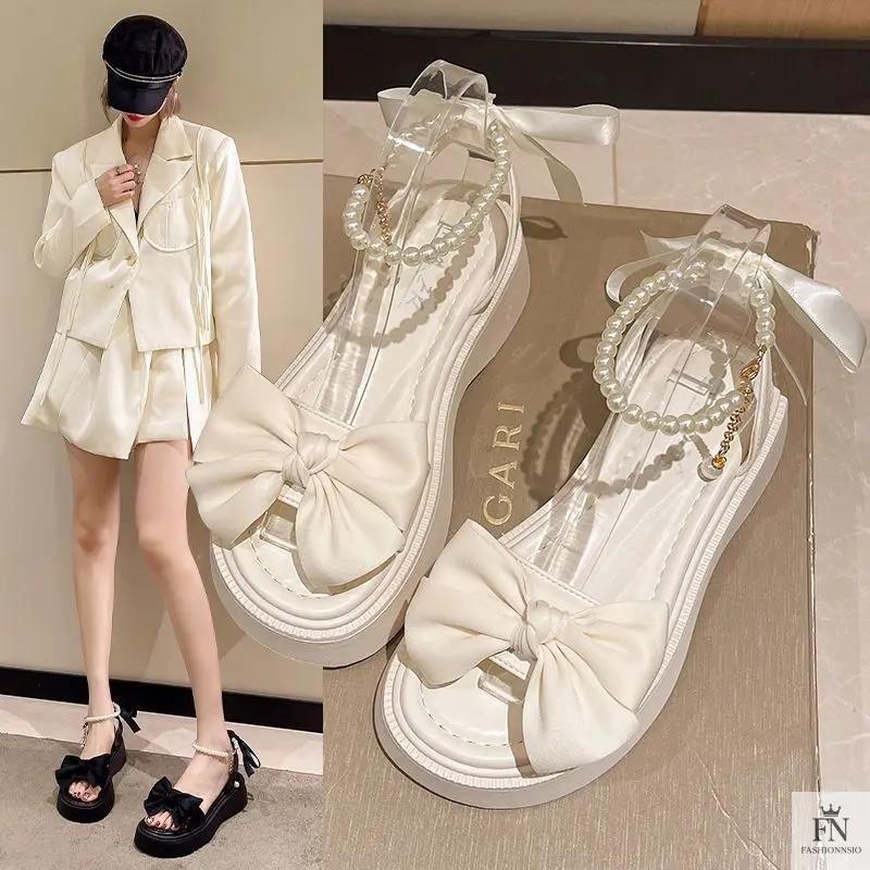 Pearl Strap Bow Flat Sandals - Fashionnsio
