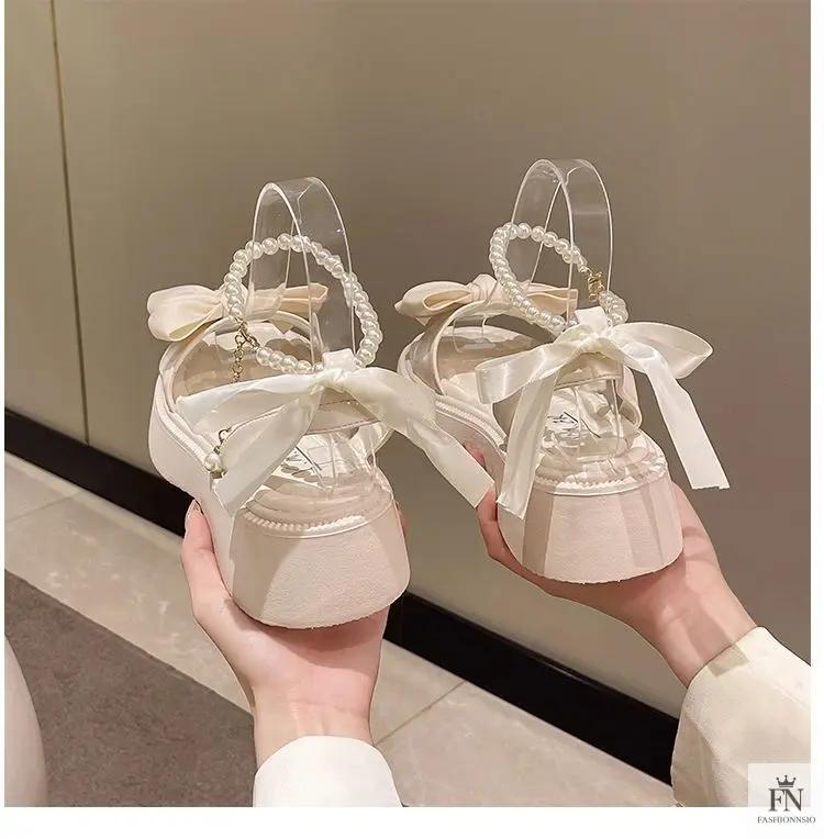 Pearl Strap Bow Flat Sandals - Fashionnsio