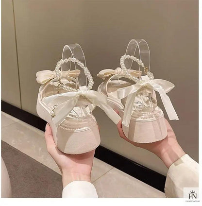 Pearl Strap Bow Flat Sandals - Fashionnsio
