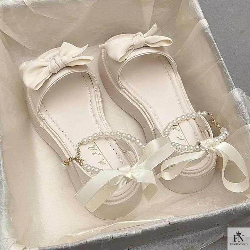 Pearl Strap Bow Flat Sandals - Fashionnsio