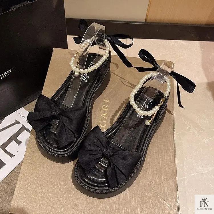 Pearl Strap Bow Flat Sandals - Fashionnsio