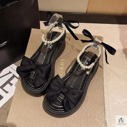 Pearl Strap Bow Flat Sandals - Fashionnsio
