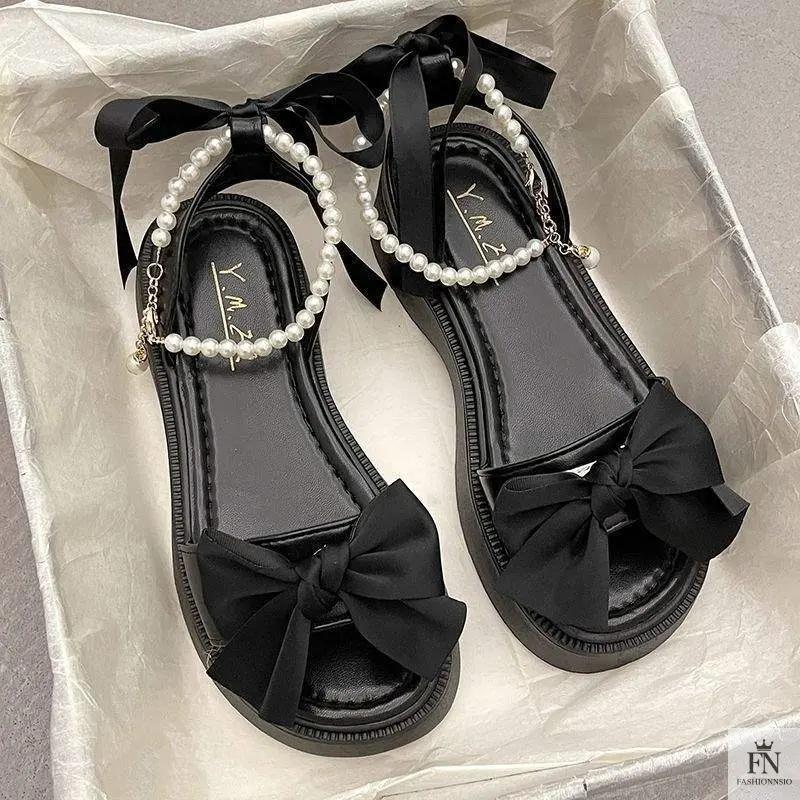 Pearl Strap Bow Flat Sandals - Fashionnsio