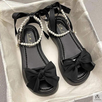 Pearl Strap Bow Flat Sandals - Fashionnsio