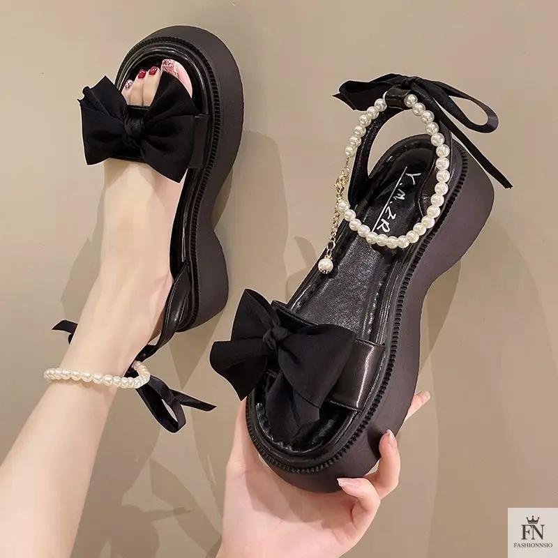 Pearl Strap Bow Flat Sandals - Fashionnsio