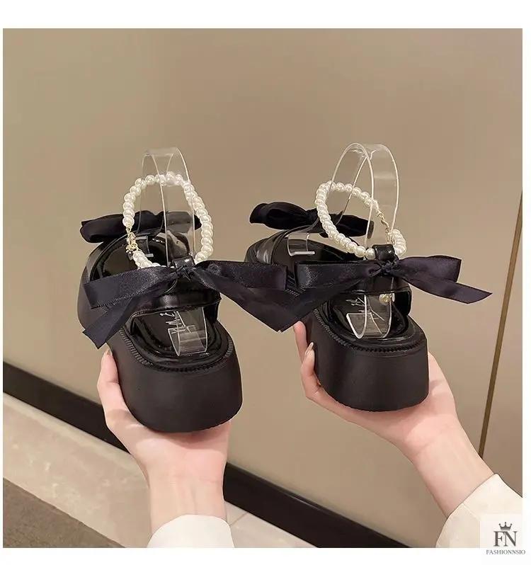 Pearl Strap Bow Flat Sandals - Fashionnsio