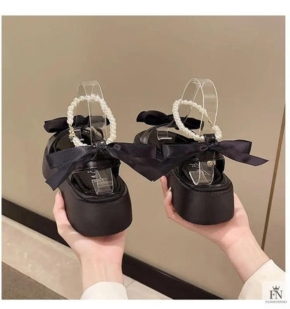 Pearl Strap Bow Flat Sandals - Fashionnsio