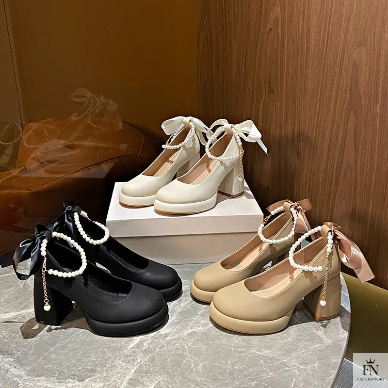 Pearl Strap Bow Mary Jane Heels - Fashionnsio