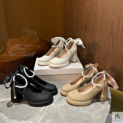 Pearl Strap Bow Mary Jane Heels - Fashionnsio